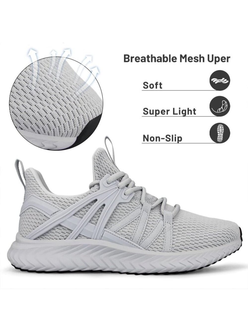 Women's Grey Mesh Walking Tennis Lightweight Casual Lace-Up Slip On Sneaker - Picture 2 of 5
